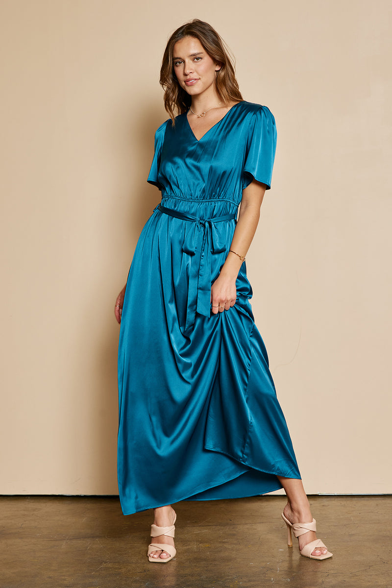 Teal satin shop wrap dress