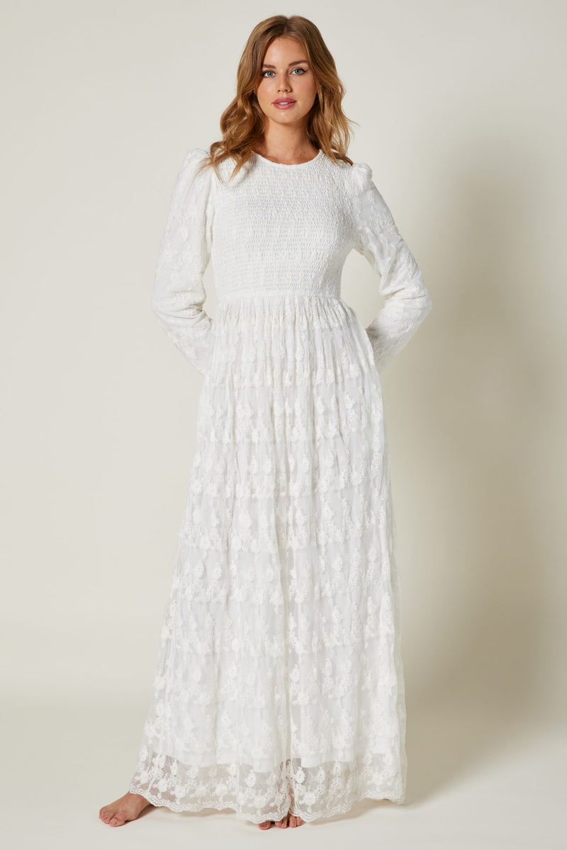 The Wren Smocked Lace Temple Dress in White XS