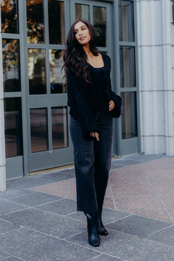 Knotted Long Sleeve Cardigan in Black