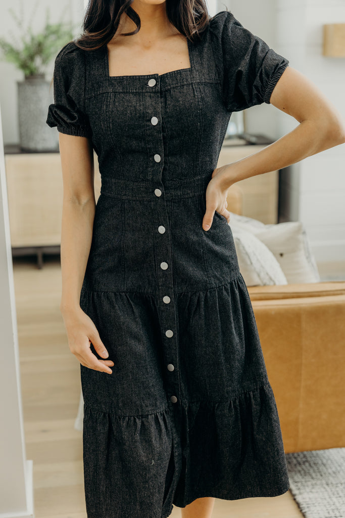 The Elton Midi Dress in Black Wash