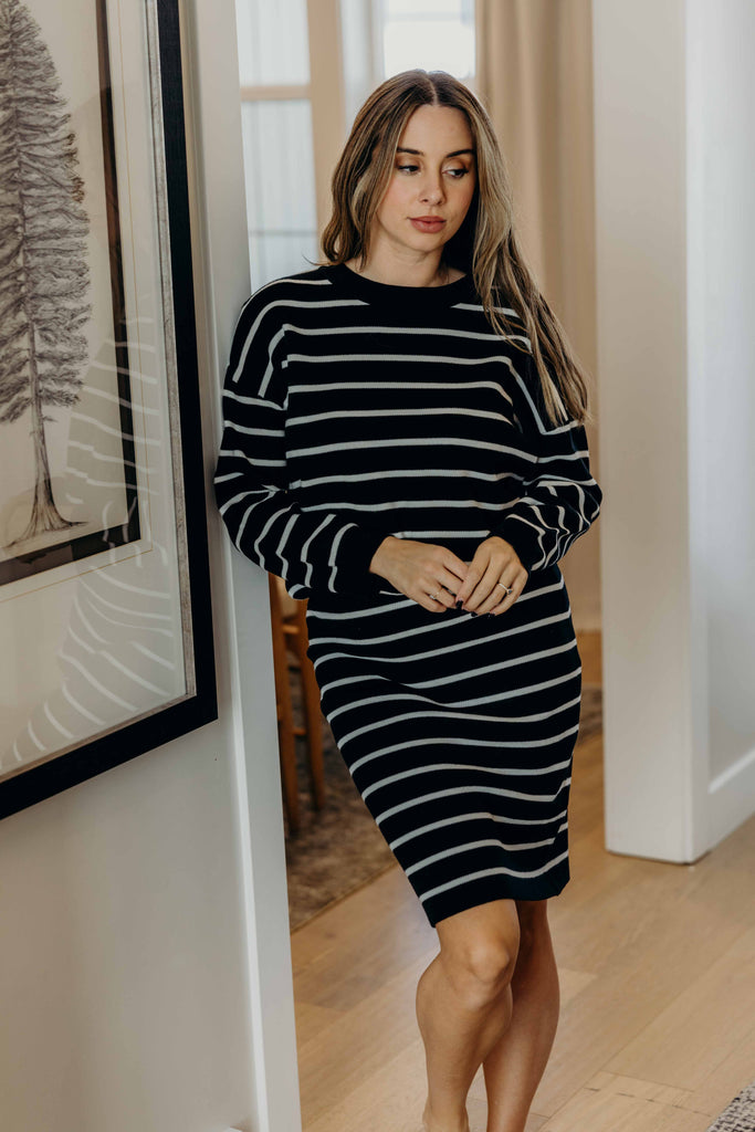 Striped Knit Sweater Skirt in Black