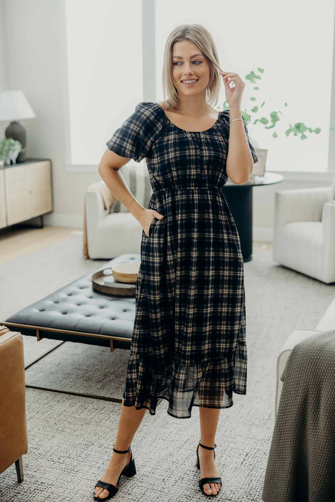 The Twila Midi Dress in Indigo Grid
