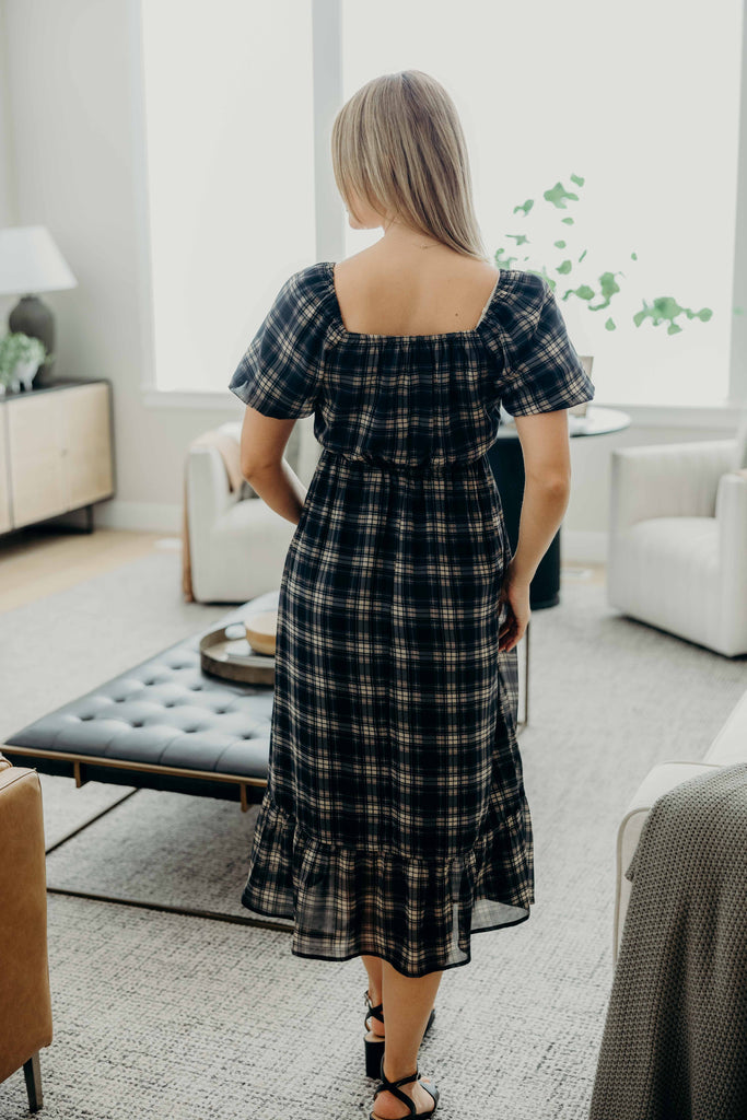 The Twila Midi Dress in Indigo Grid