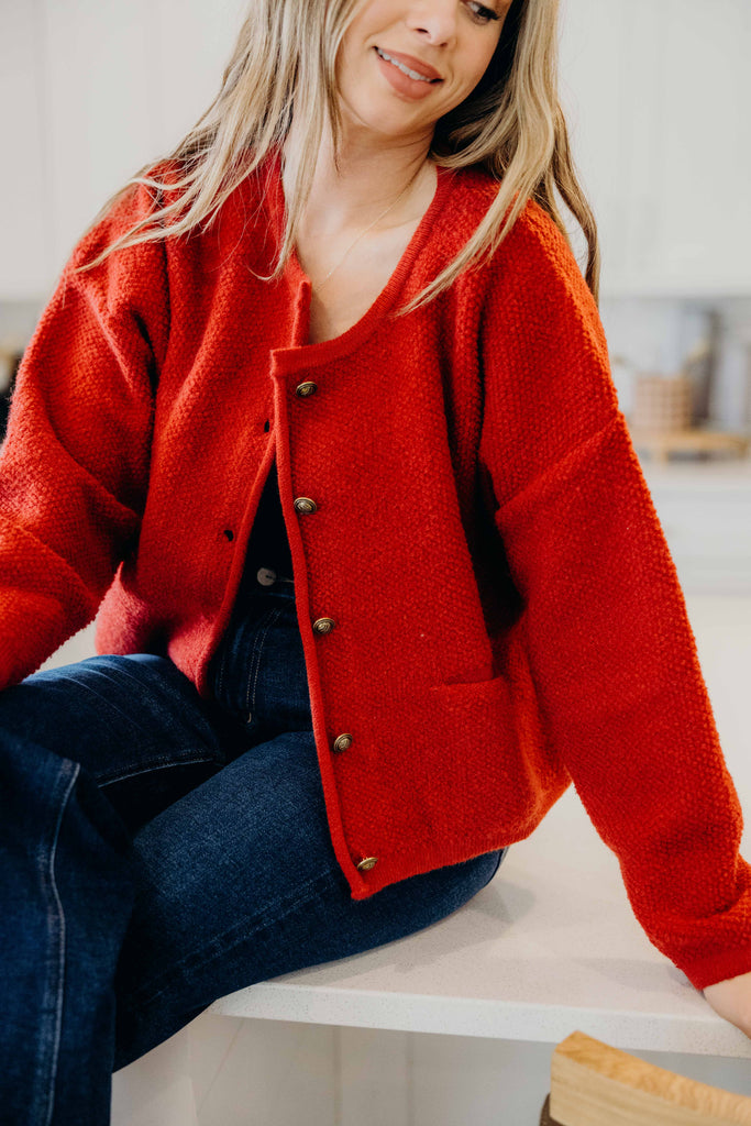 Button Front Cardi in Ribbon Red