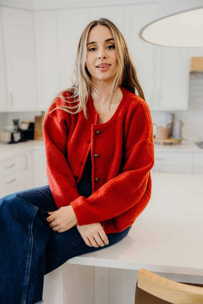 Button Front Cardi in Ribbon Red