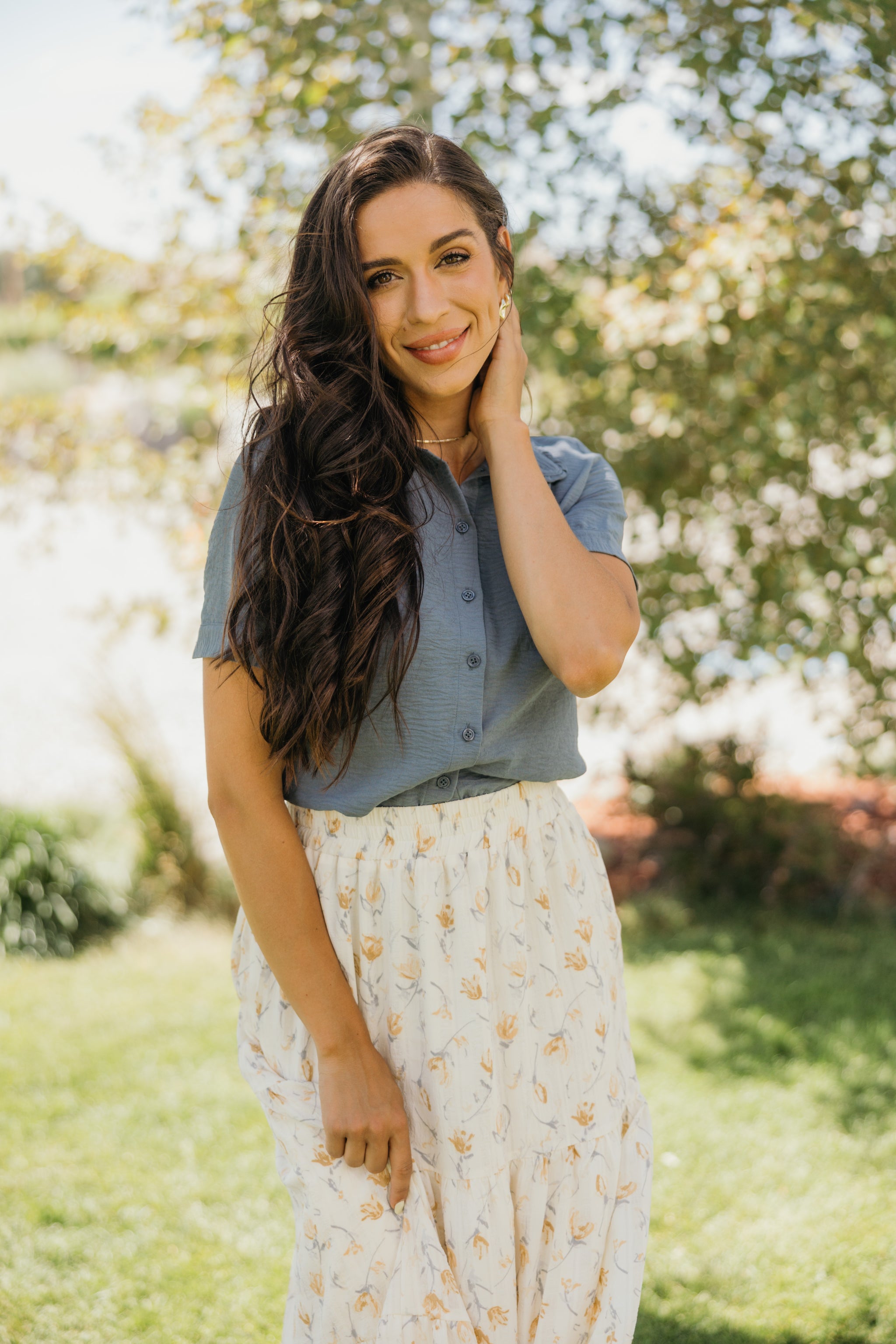 The Romy Ruffled Collared Blouse in Blue Fog