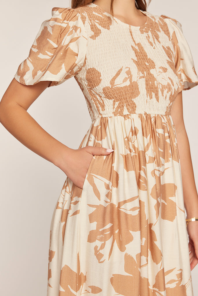 The Suzie Printed Smocked Top Dress in Ivory/Tan