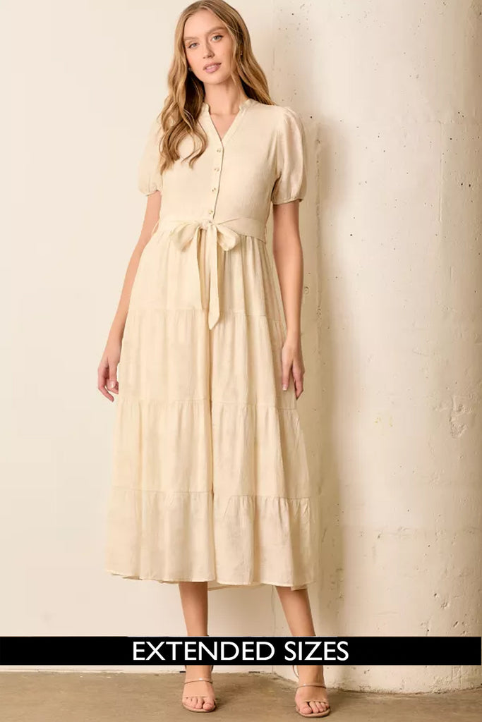 The Abby Button Front Tiered Midi Dress in Cream