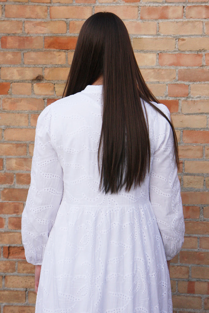 The Aspen Button Eyelet Temple Dress in White