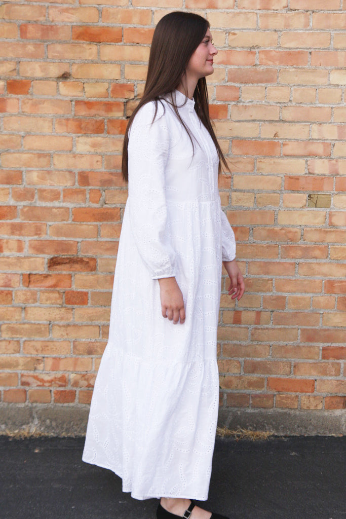 The Aspen Button Eyelet Temple Dress in White