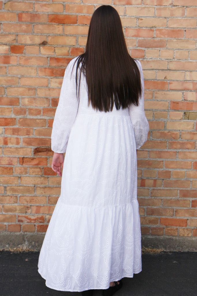 The Aspen Button Eyelet Temple Dress in White
