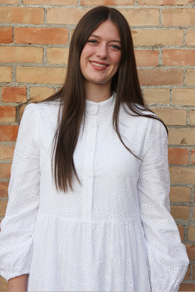 The Aspen Button Eyelet Temple Dress in White