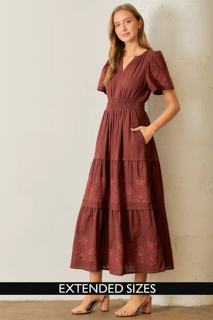 The Gracelyn Embroidered Maxi Dress in Burgundy