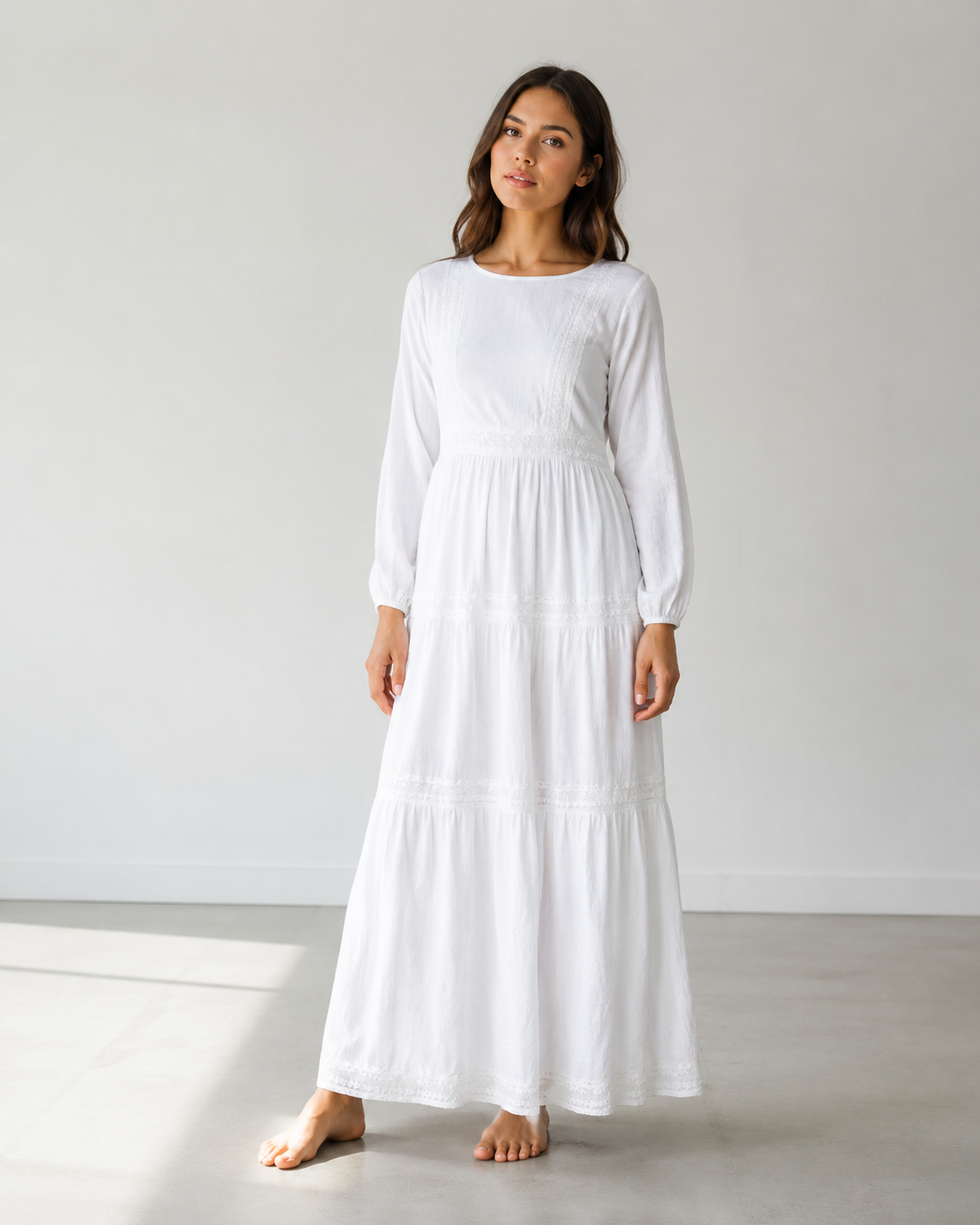 white long sleeve dress near me Fleurisia | Square-Neck Maxi With Mesh Long-Sleeves Lucy White Long Sleeve Mini Dress 100% Polyester Cold hand wash only Do not bleach Do not soak Do not rub Warm iron inside out Do not dry clean Delicate material The Clarissa Embroidered Temple Dress