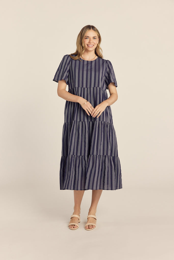 navy blue and white striped dress plus size Unique Vintage Plus Size Navy & White Stripe Shirt Swing Dress