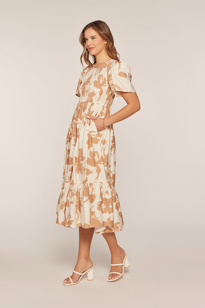 The Suzie Printed Smocked Top Dress in Ivory/Tan