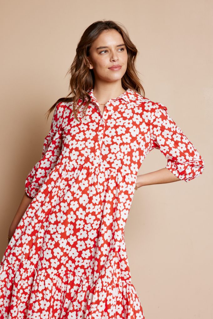 The Doreen Floral Button Down Maxi Dress in Red