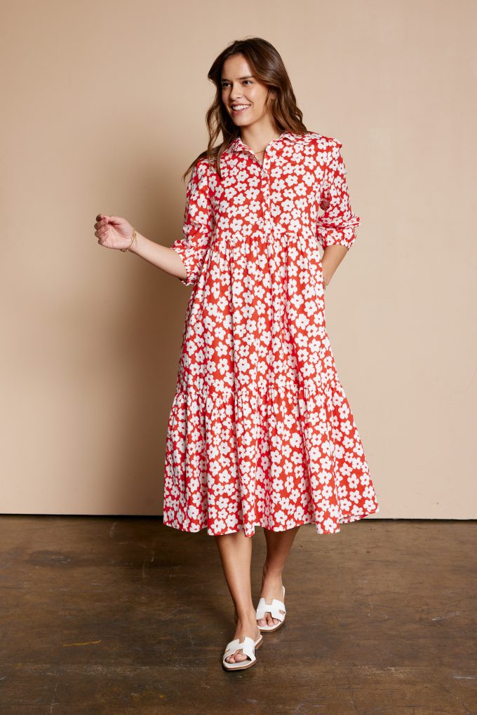 The Doreen Floral Button Down Maxi Dress in Red
