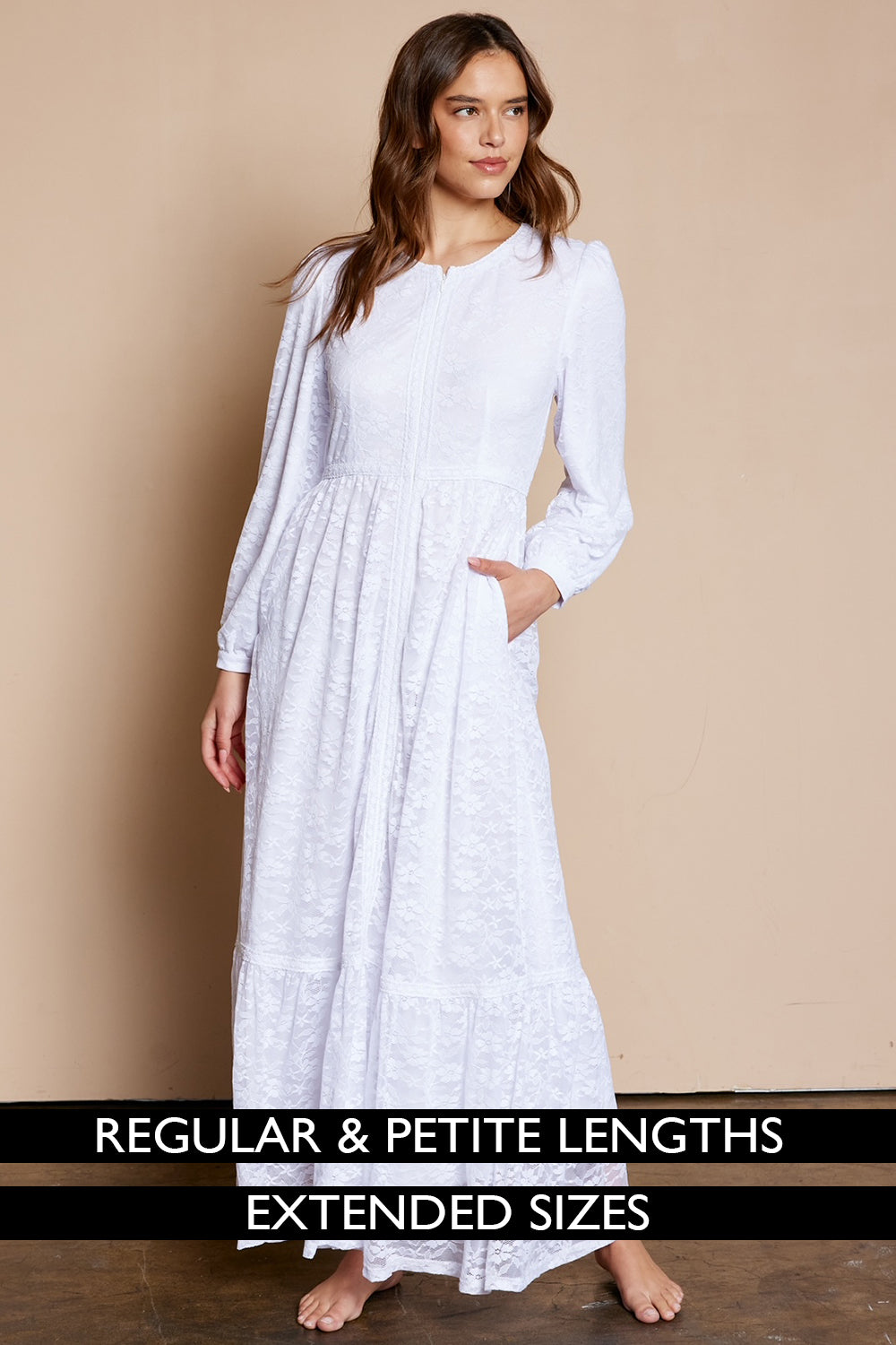 The Dahlia Lace Front Zip Temple Dress in White REGULAR / L The Dahlia Lace Front Zip Temple Dress in White REGULAR / L