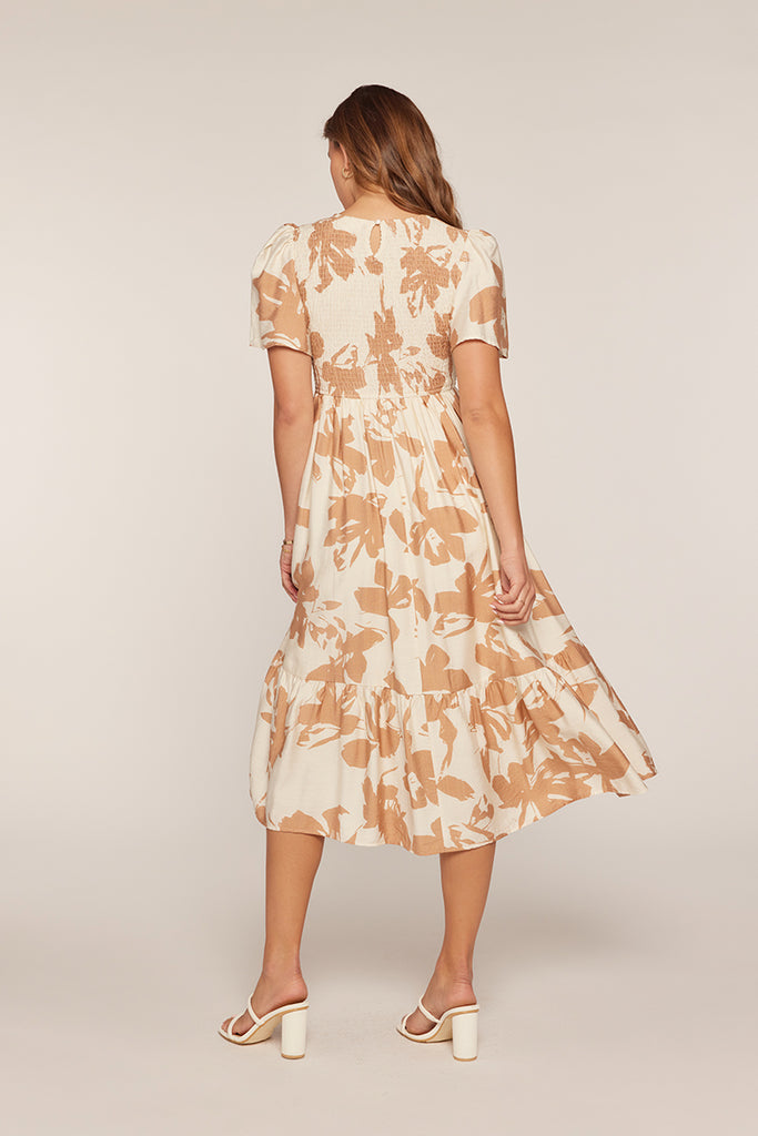 The Suzie Printed Smocked Top Dress in Ivory/Tan