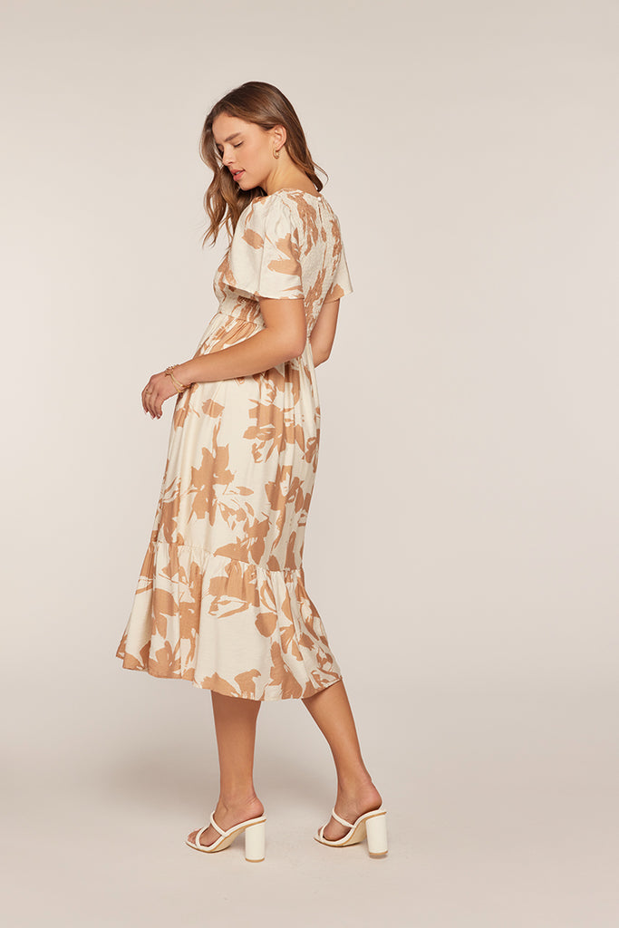 The Suzie Printed Smocked Top Dress in Ivory/Tan