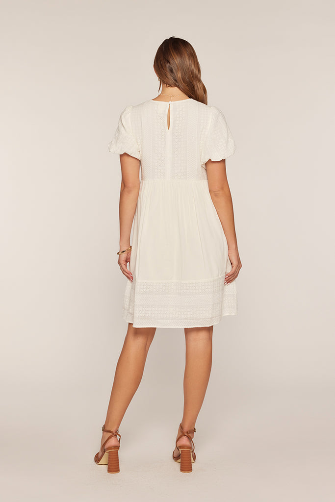 The Sheryl Eyelet Mixed Mini Dress in Ivory