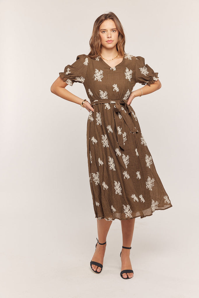 The Dena Embroidered Tencel Dress in Chocolate