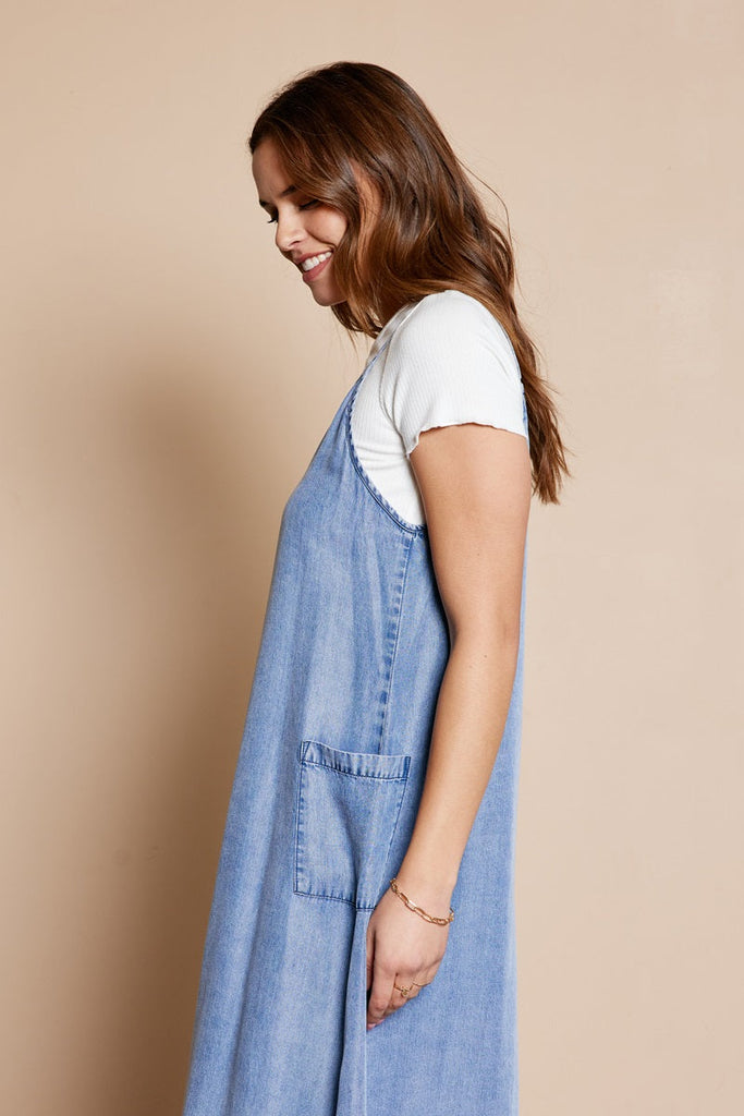 The Lynn Pocket Overall Dress in Denim Blue