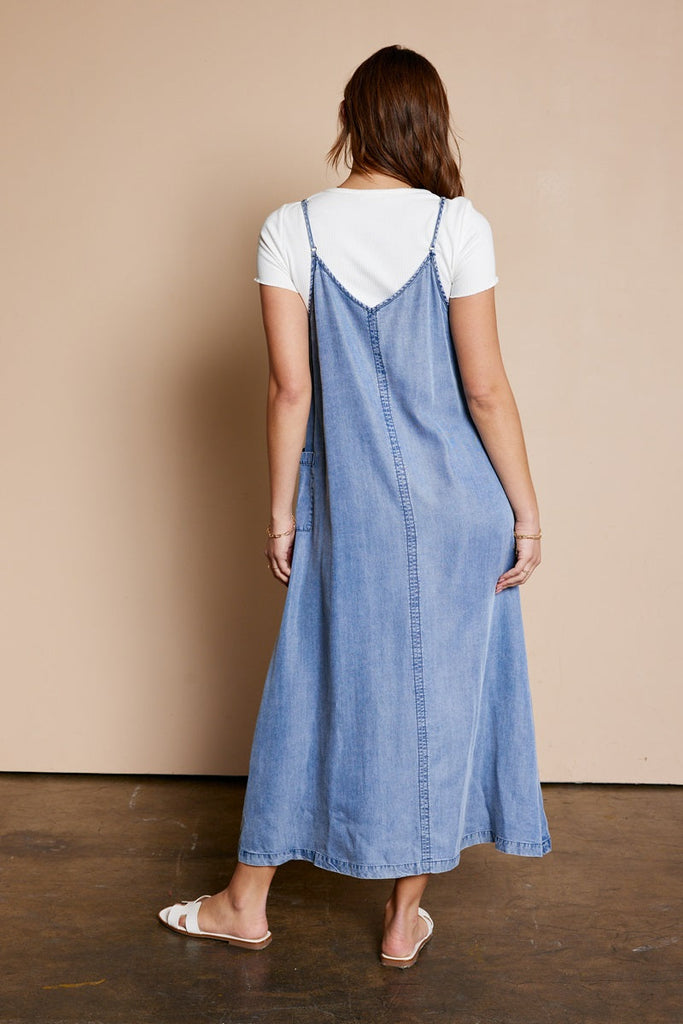 The Lynn Pocket Overall Dress in Denim Blue