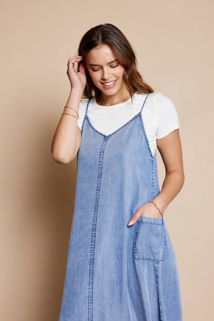 The Lynn Pocket Overall Dress in Denim Blue