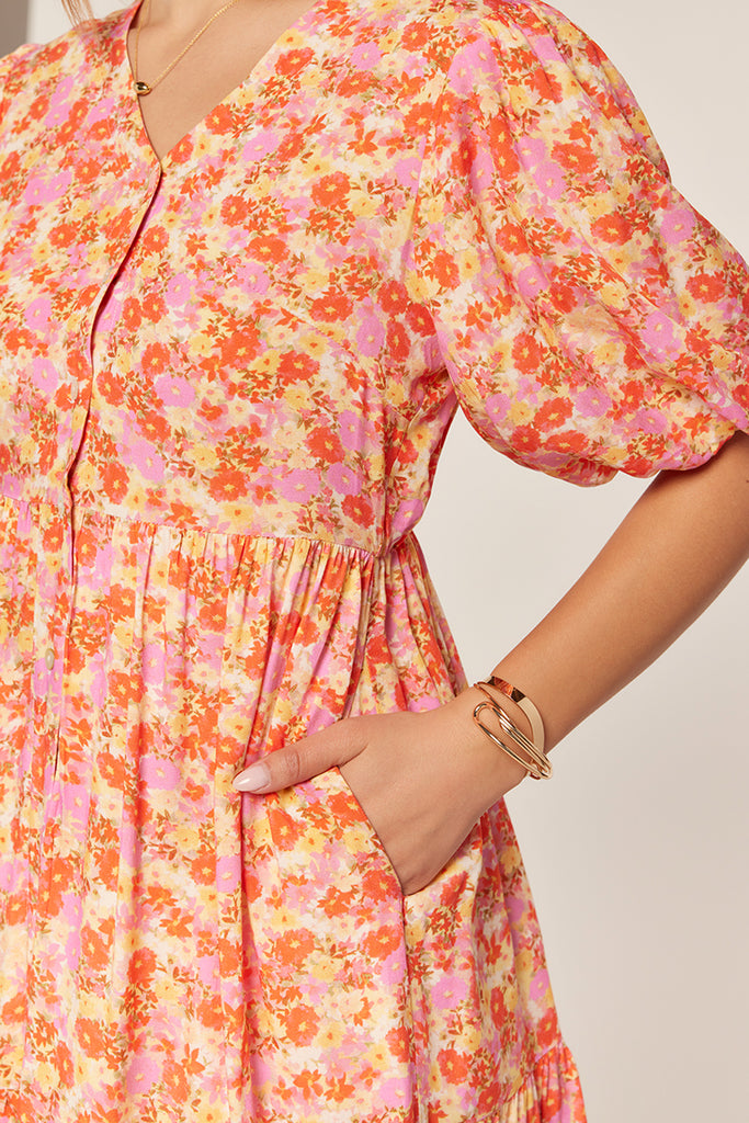 The Keely Button Down V-Neck Dress in Pink/Coral