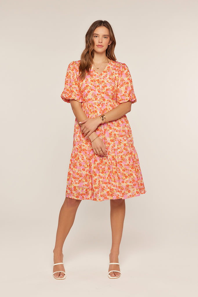 The Keely Button Down V-Neck Dress in Pink/Coral