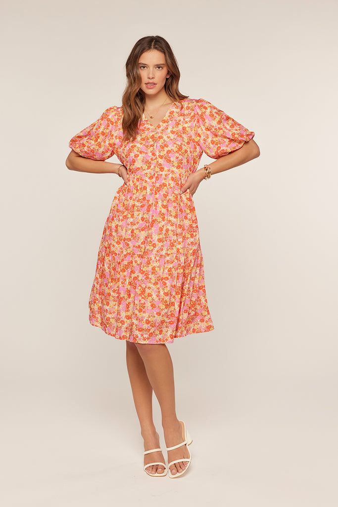 The Keely Button Down V-Neck Dress in Pink/Coral