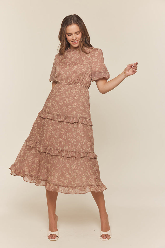 The Giselle Chiffon Tiered Dress in Dusty Blush/Taupe