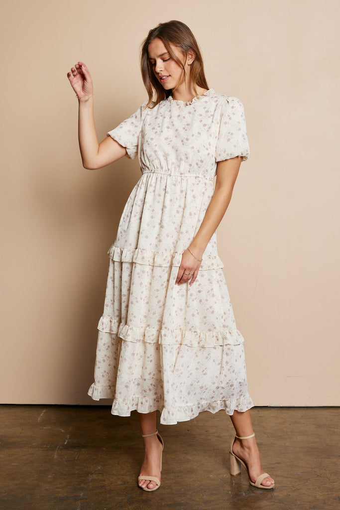 The Giselle Chiffon Tiered Dress in Ivory/Taupe