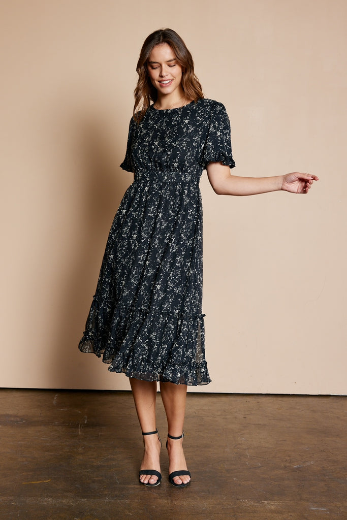 The Jacquelyn Printed Ruffle Dress in Black