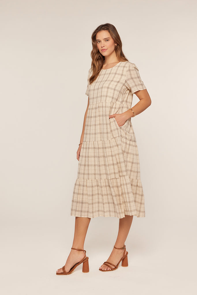 The Charlotte Gingham Tiered Dress in Tan