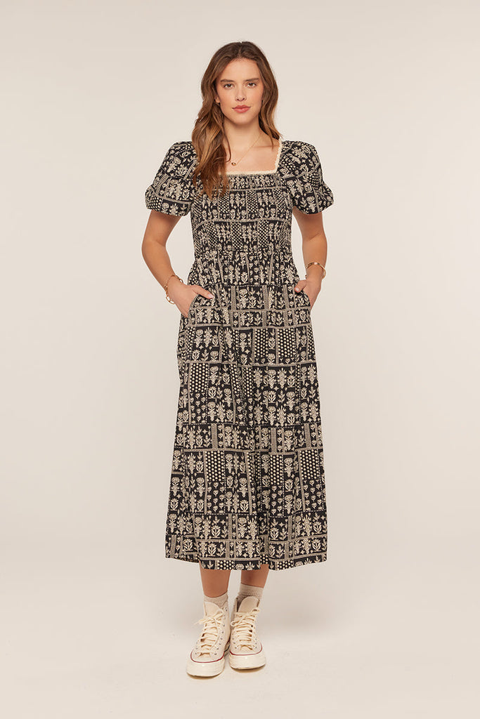 The Darlene Patch Printed Dress in Black/Ivory