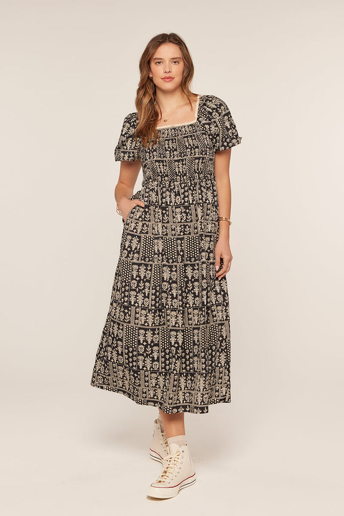 The Darlene Patch Printed Dress in Black/Ivory