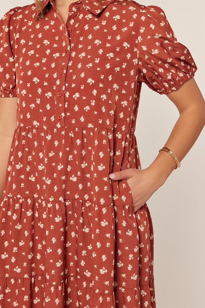 The Fiona Half Button Collar Dress in Teracotta