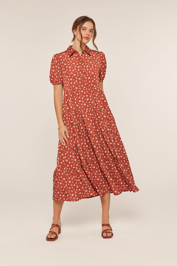 The Fiona Half Button Collar Dress in Teracotta