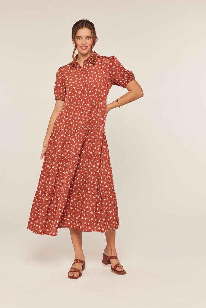 The Fiona Half Button Collar Dress in Teracotta