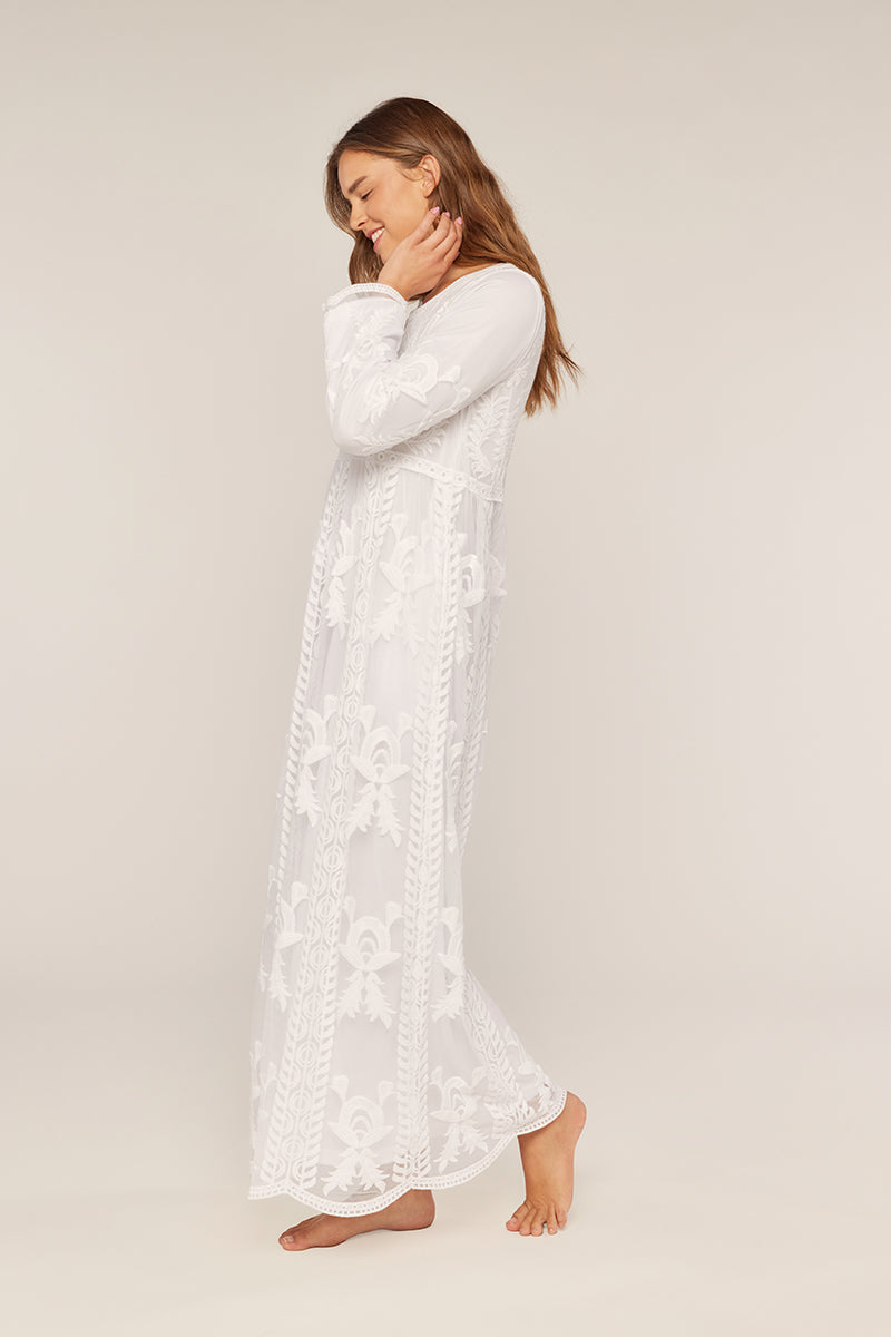 long sleeve white lace maxi dress BHLDN Long-Sleeve Mock-Neck Stretch 35% Nylon Modest White Dress FEHRNVI