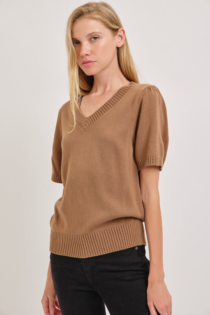 The Xena V-Neck Short Sleeve Sweater in Taupe