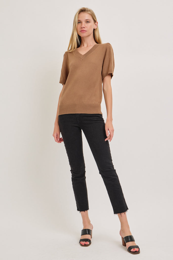 The Xena V-Neck Short Sleeve Sweater in Taupe