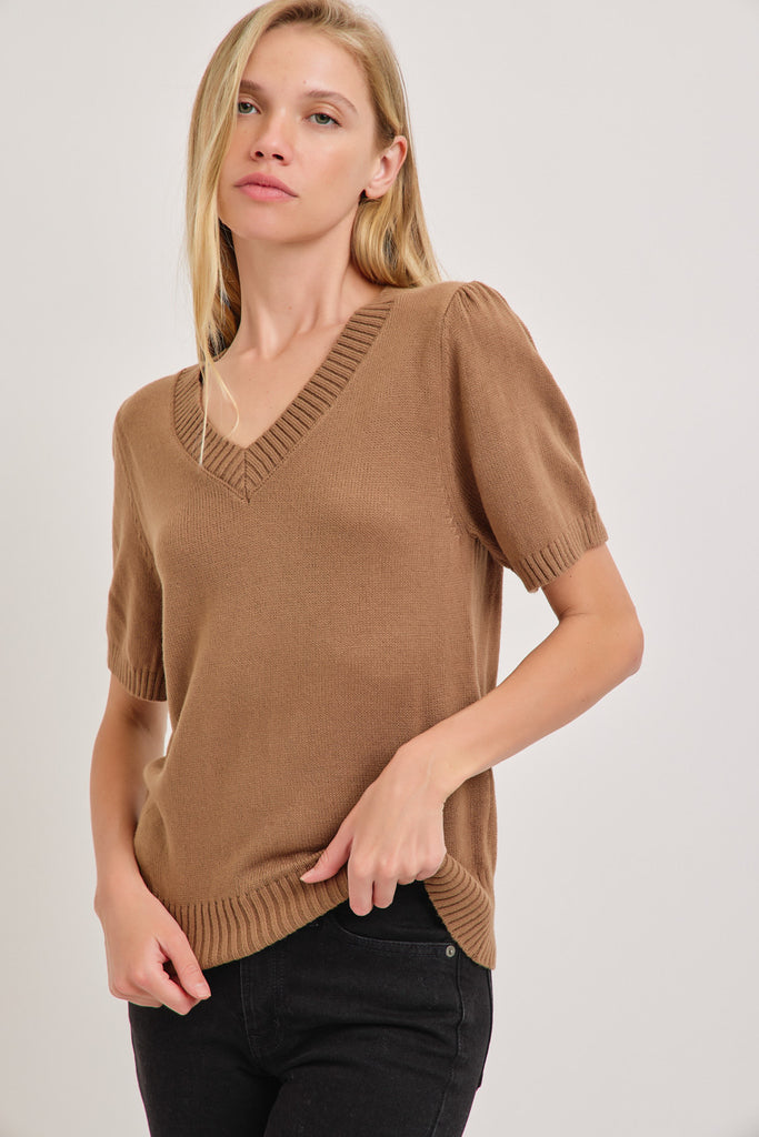 The Xena V-Neck Short Sleeve Sweater in Taupe