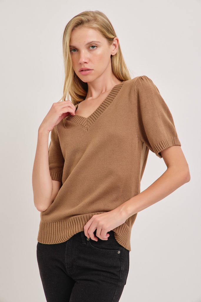 The Xena V-Neck Short Sleeve Sweater in Taupe