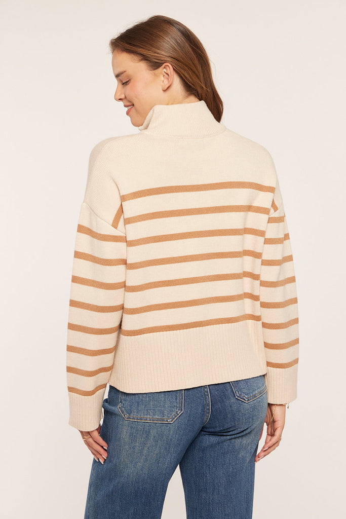 The Marcella Stripe Zip Up Sweater in Oatmeal/Camel