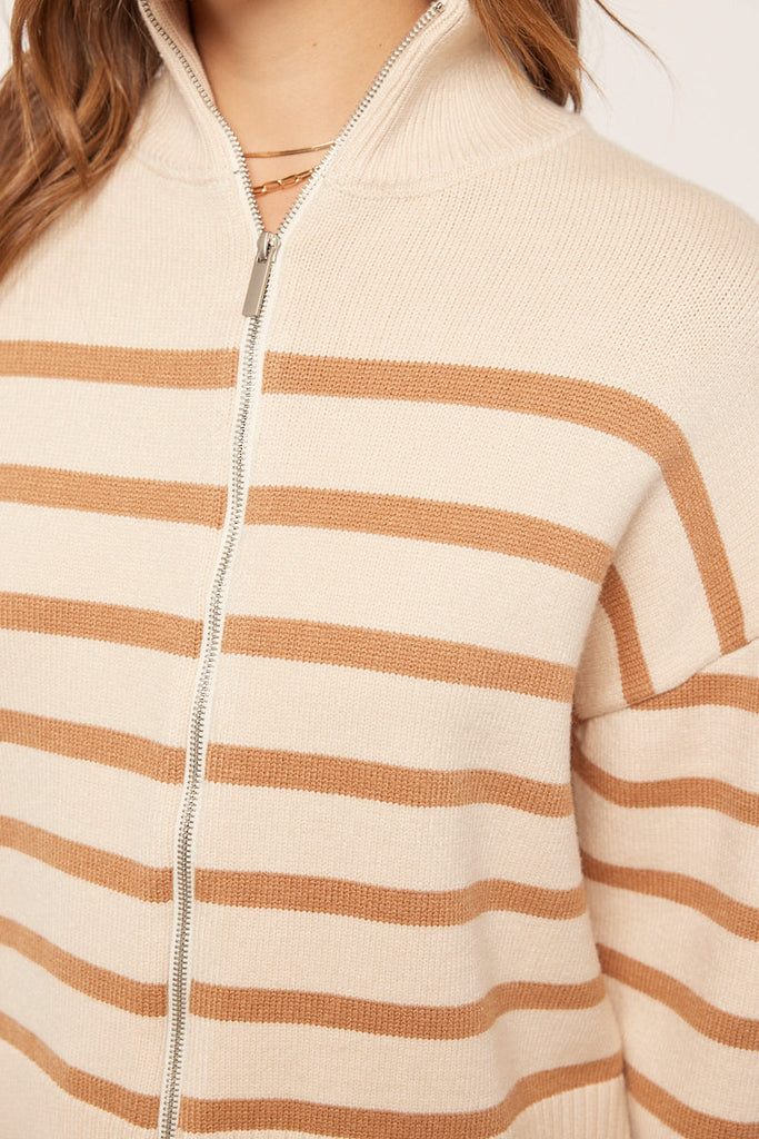 The Marcella Stripe Zip Up Sweater in Oatmeal/Camel