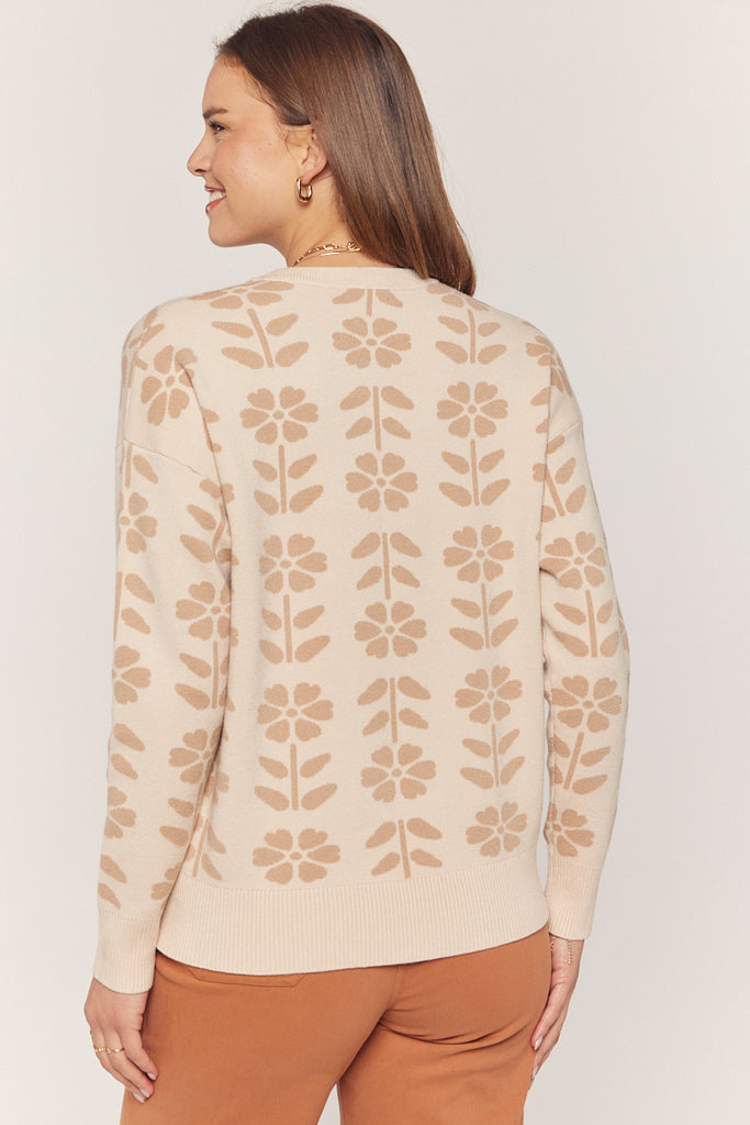 The Doreen Floral Jacquard Sweater in Oatmeal/Taupe